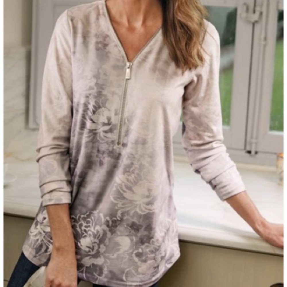 Soft Surroundings Long Sleeve Corrina Floral Top Partial Zip Pastel